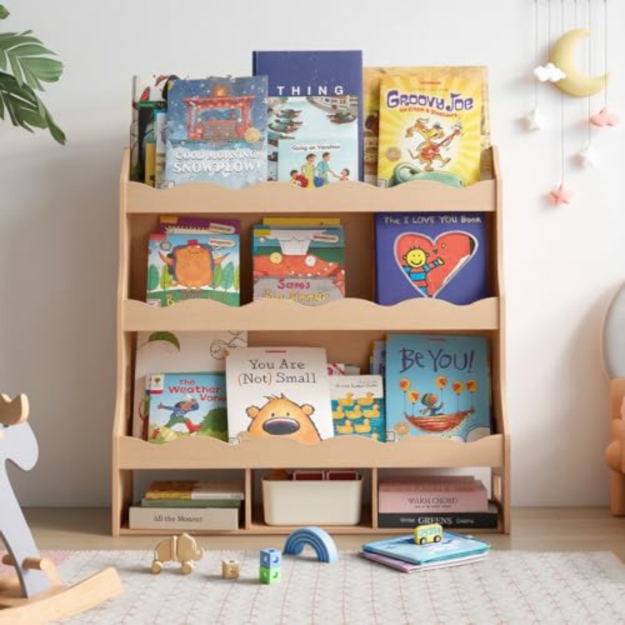 Montessori Shelf Toy - 4-Tier Book Shelf Wooden Toddler Bookshelf